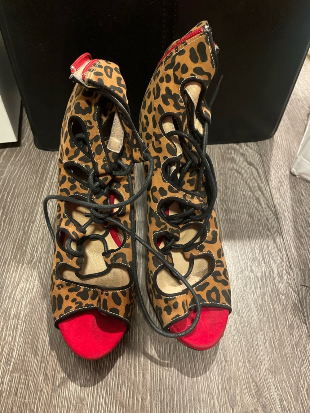 Leopard Lace-Up Peep Toe Heels in Brown and Red
